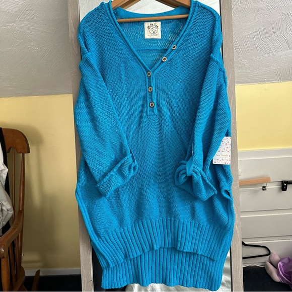 Free People Women's Firefly Knit Tunic Oversized Sweater Surf Blue XS NWT Boho - Picture 9 of 16